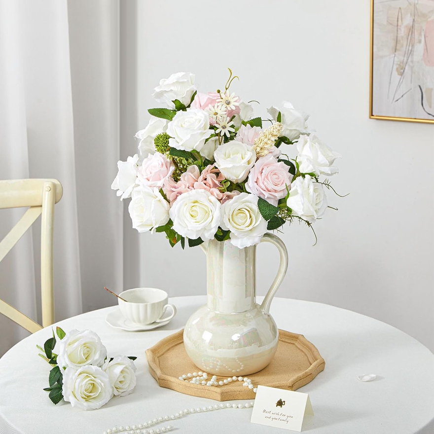 Home Decor Vase With Flowers - Artificial Silk Rose Bouquets Outdoor Garden